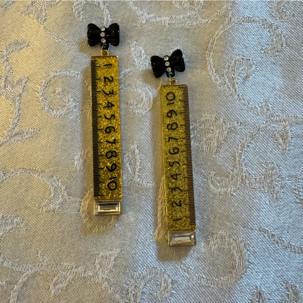 Betsey Johnson Gold Glitter Rulers with Black Bows Earrings